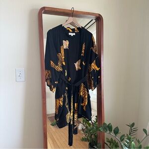 Emerson Fry Fete Layering Robe Kimono Top Tiger Hand Printed Black Yellow XS/S